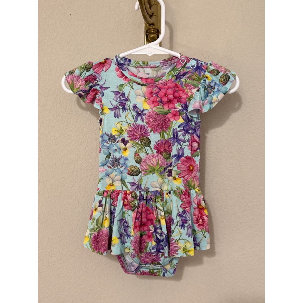 Posh Peanut Ruffle Romper Baby 3-6 Months Blue Floral‎ Bamboo Viscose Wildflower